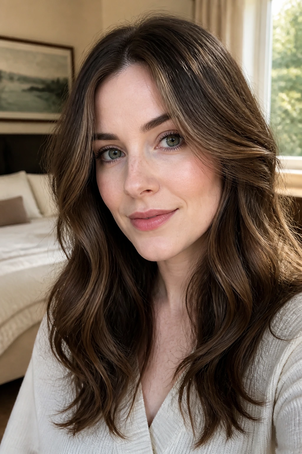 Portrait of a woman with brunette lowlights framing her face in natural light