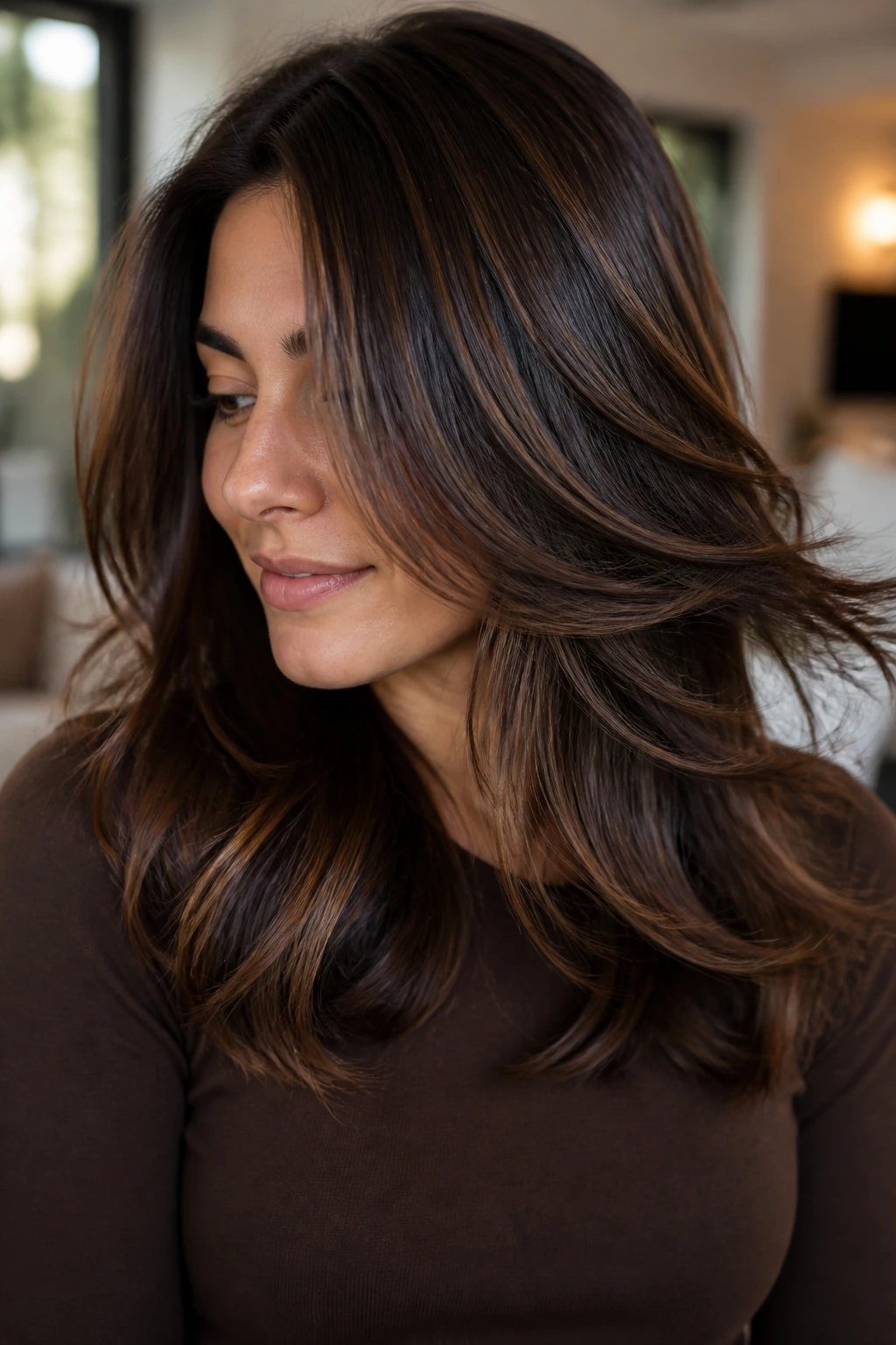 Close up brunette portrait with dynamic lowlights and movement