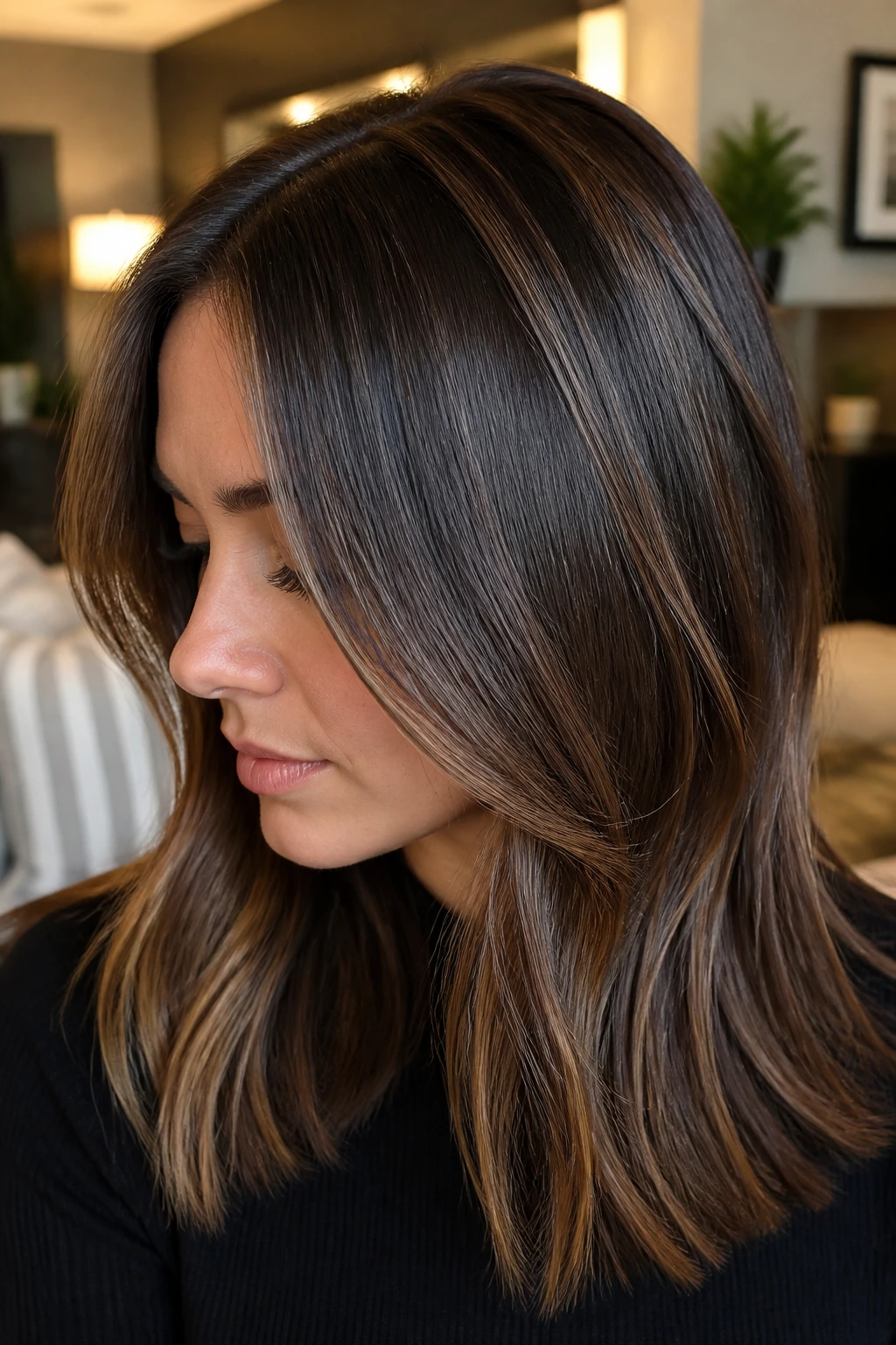 Close-up of brunette with varied lowlights showing mushroom and chestnut tones