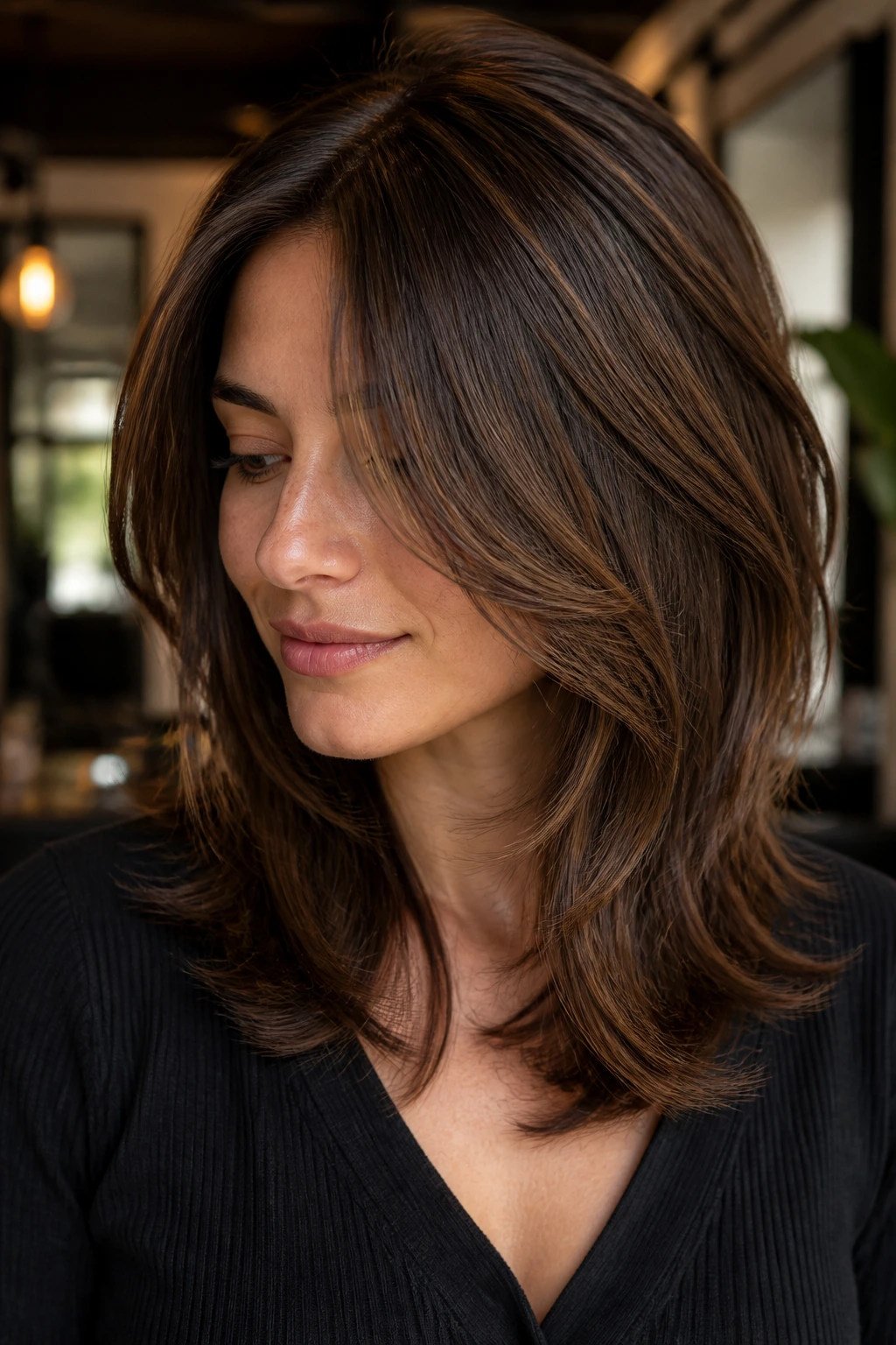 Portrait of brunette with defined shape and lowlights