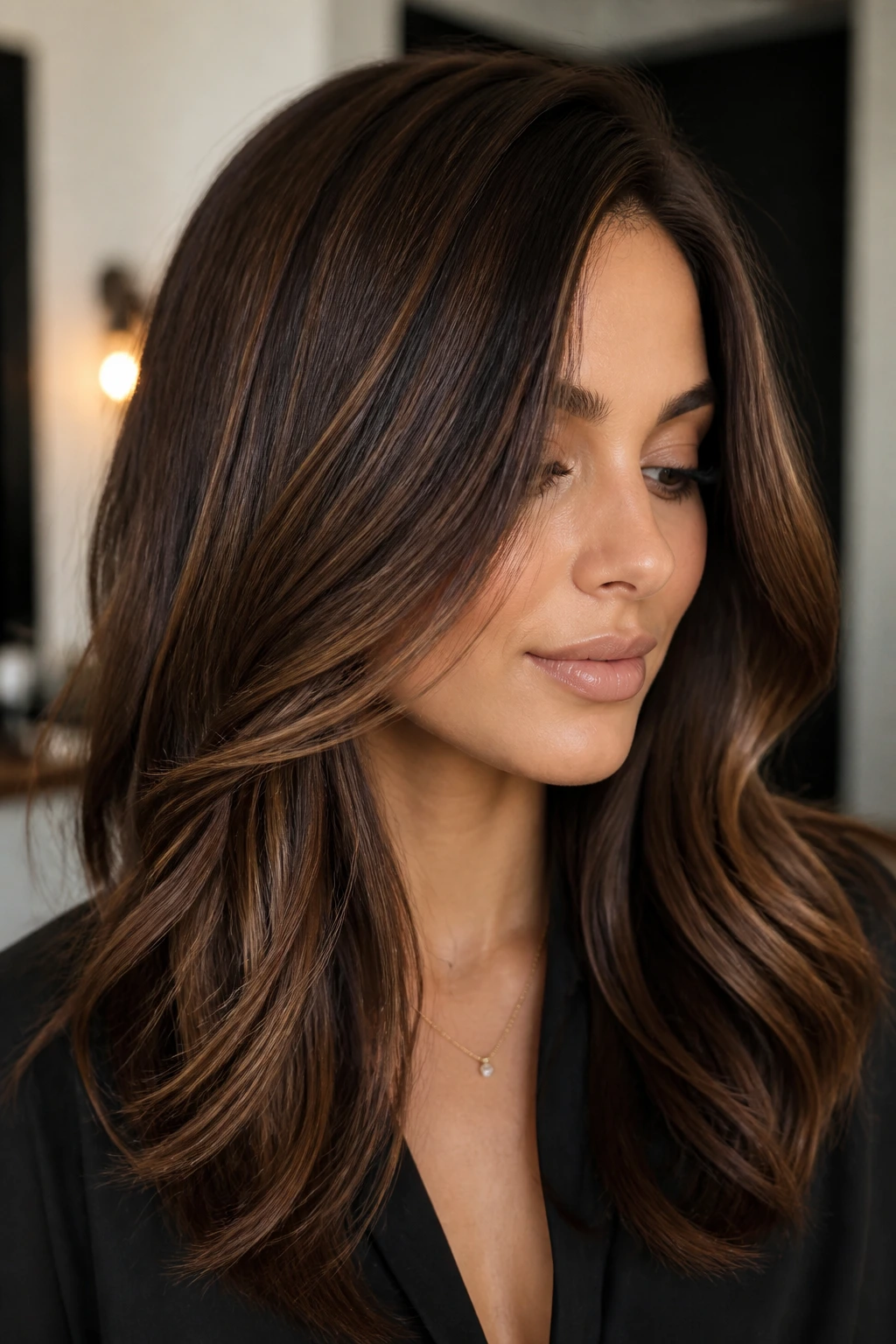 Brunette hair with glossy lowlights close-up portrait