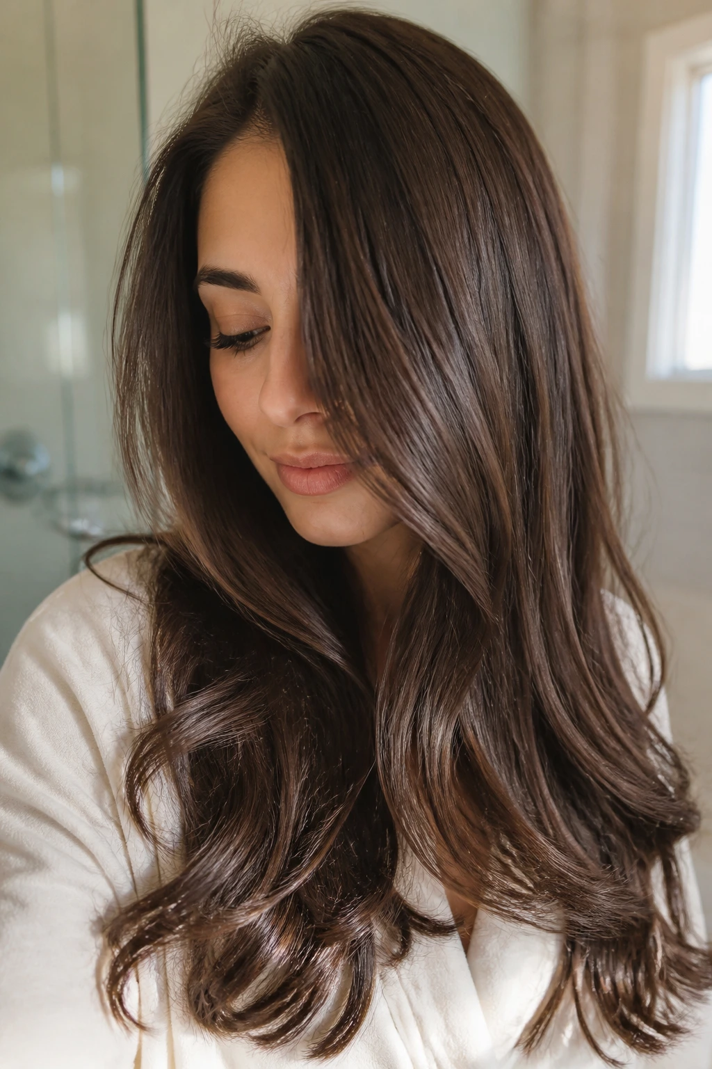 Portrait showing glossy brunette hair and healthy ends