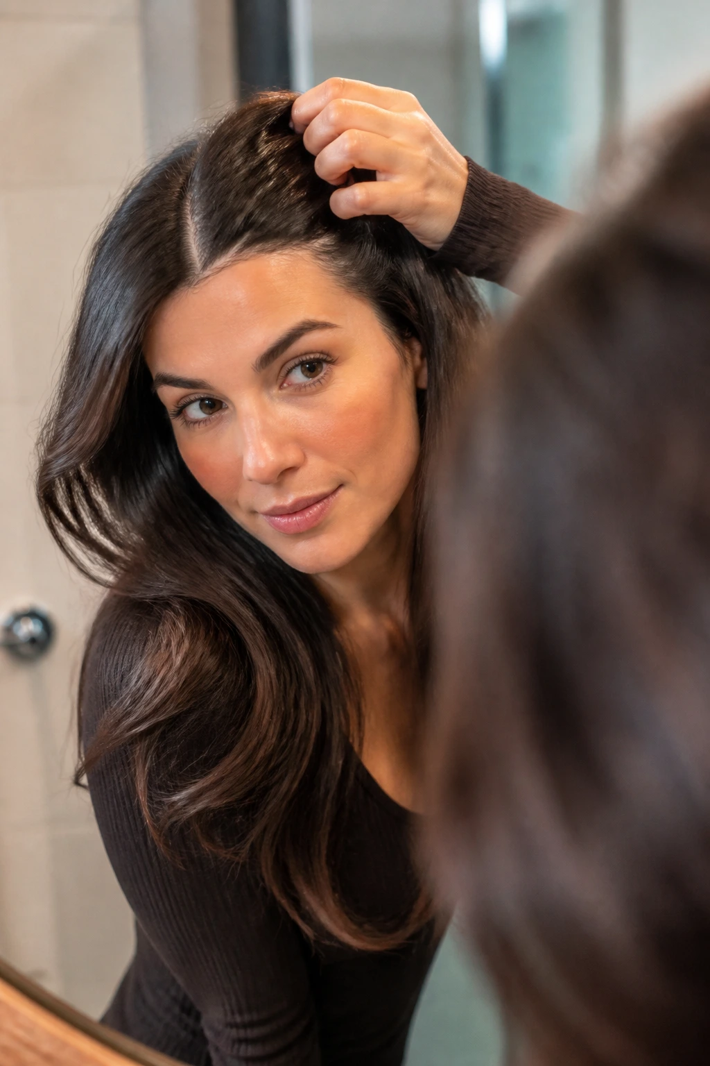Close-up of glossy roots on a cool brunette with healthy shine