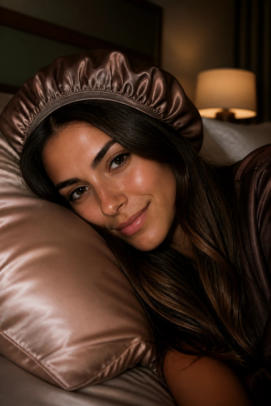 Close-up of a woman with glossy brunette hair wearing a satin bonnet in a softly lit bedroom