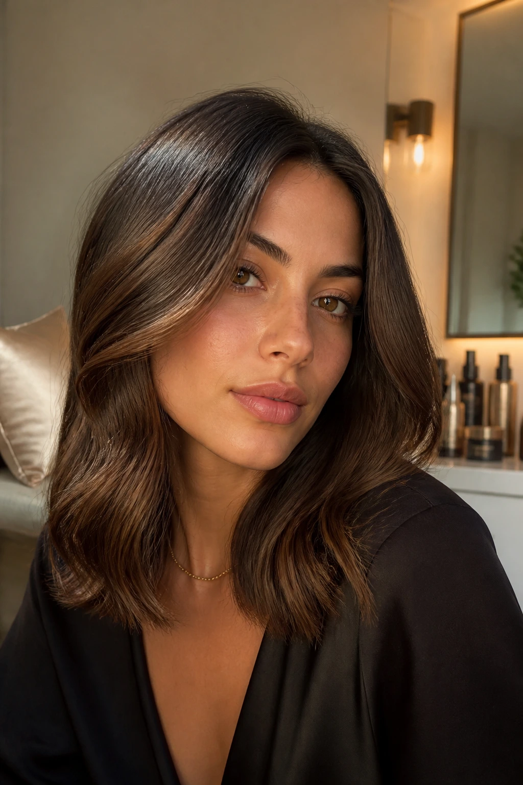 Brunette with glossy mid-length hair in a vanity setting.