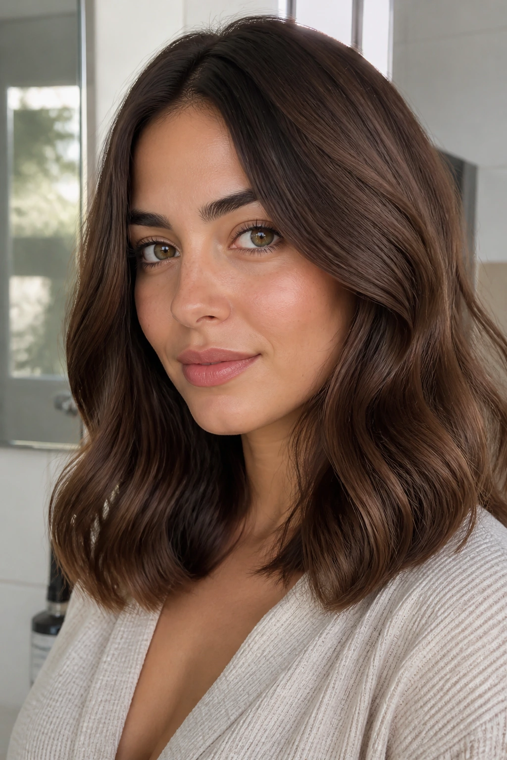 Close-up portrait of a real woman with glossy brunette hair in a softly lit bathroom setting