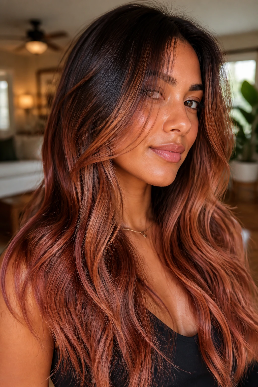 Close-up portrait of brunette-to-strawberry melt on long layered hair.