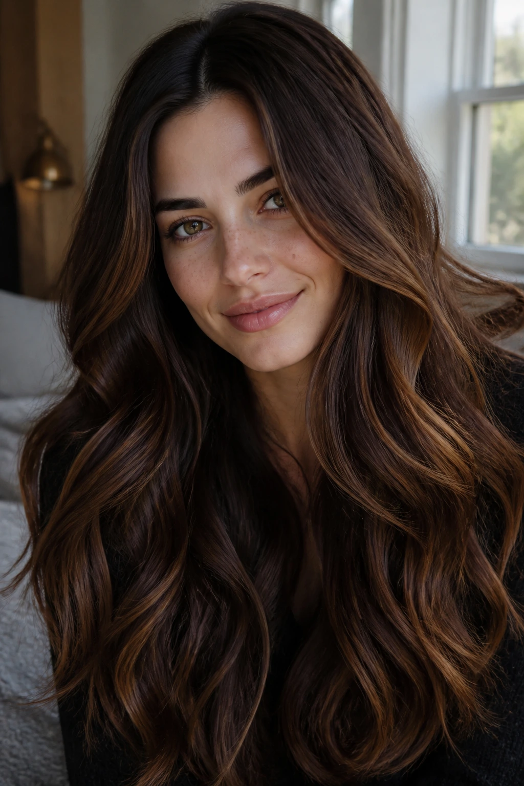 Close-up portrait of a real woman with long brunette hair showing movement and warm color placement