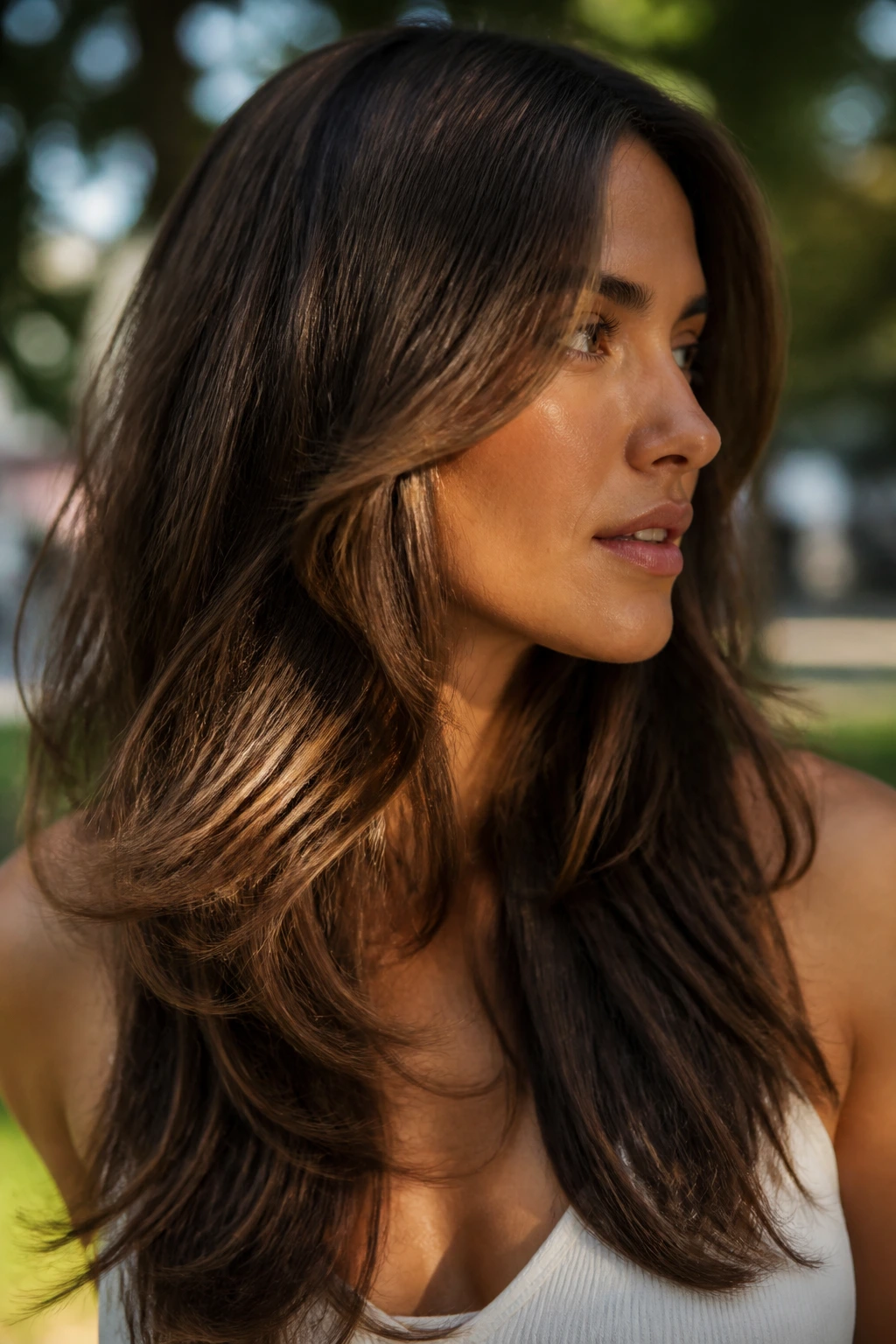 Brunette with dynamic shade transitioning with light close-up.