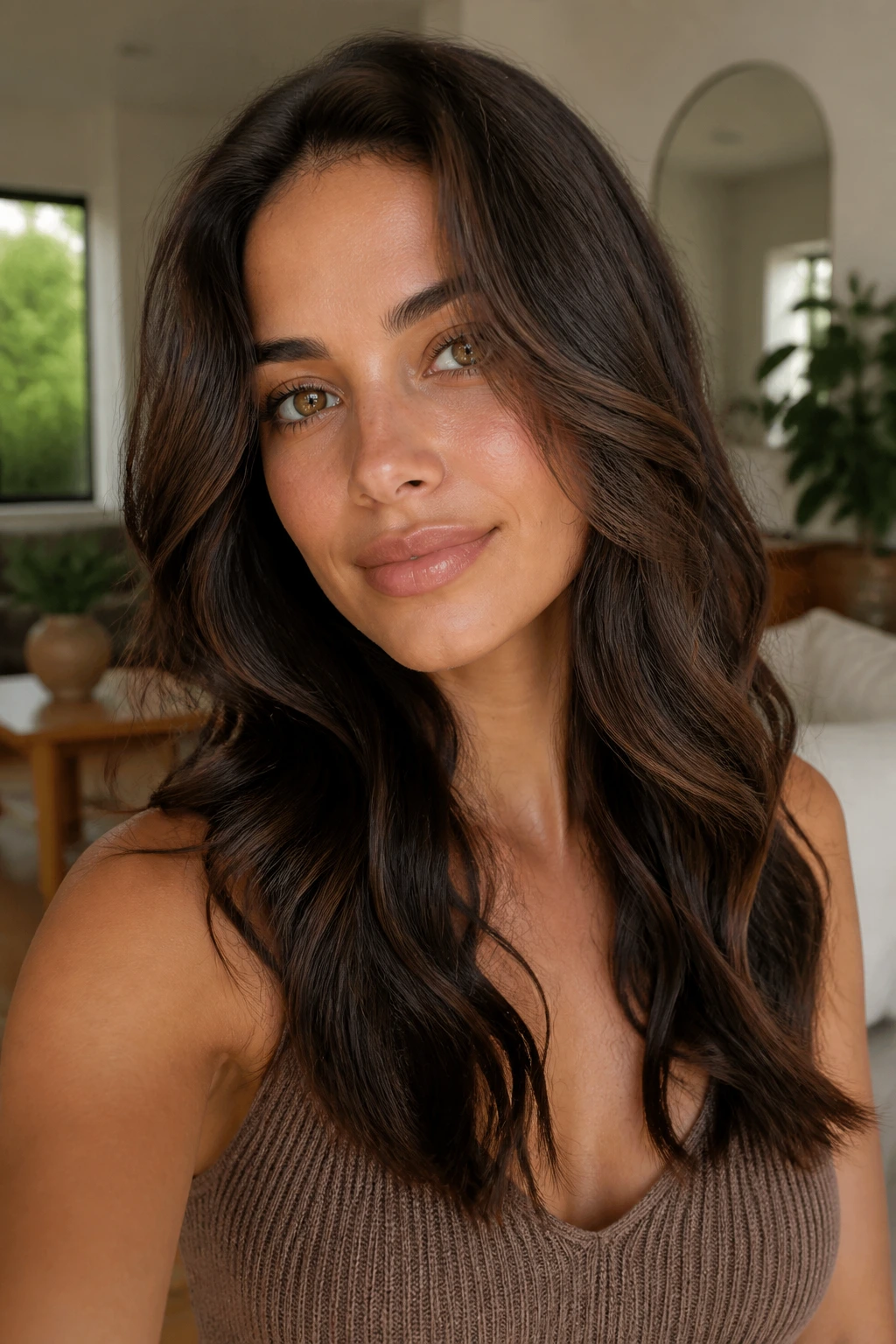 Portrait of brunette hair framing an olive-toned complexion