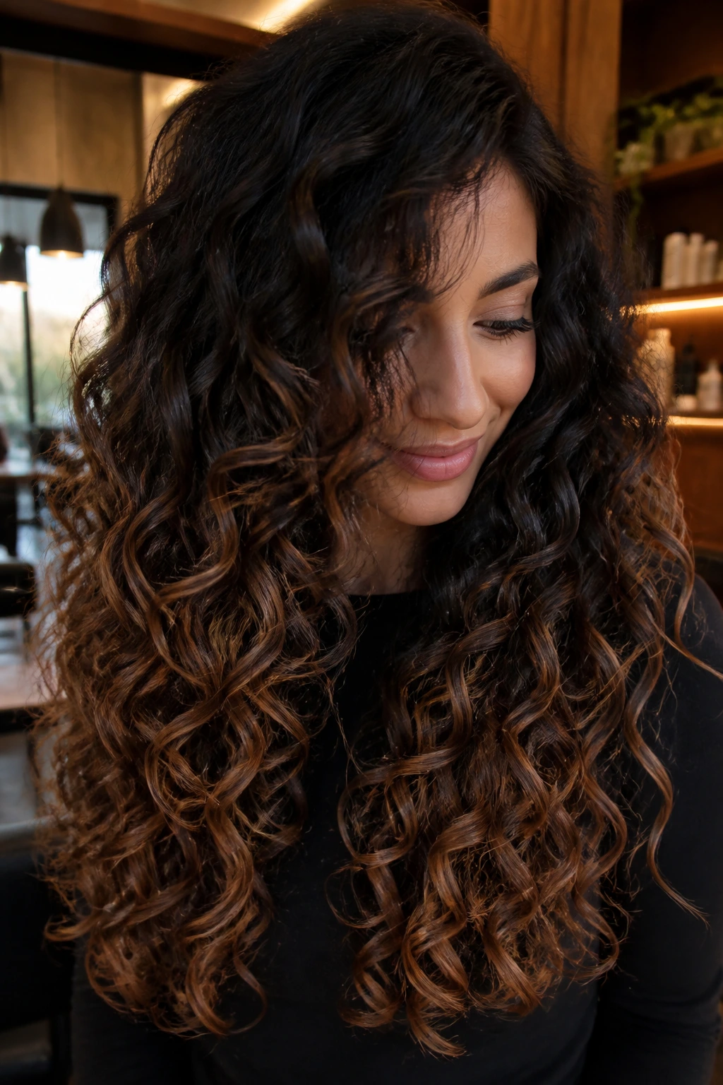 Close-up of long curly hair in velvet espresso to milk-chocolate ombre.