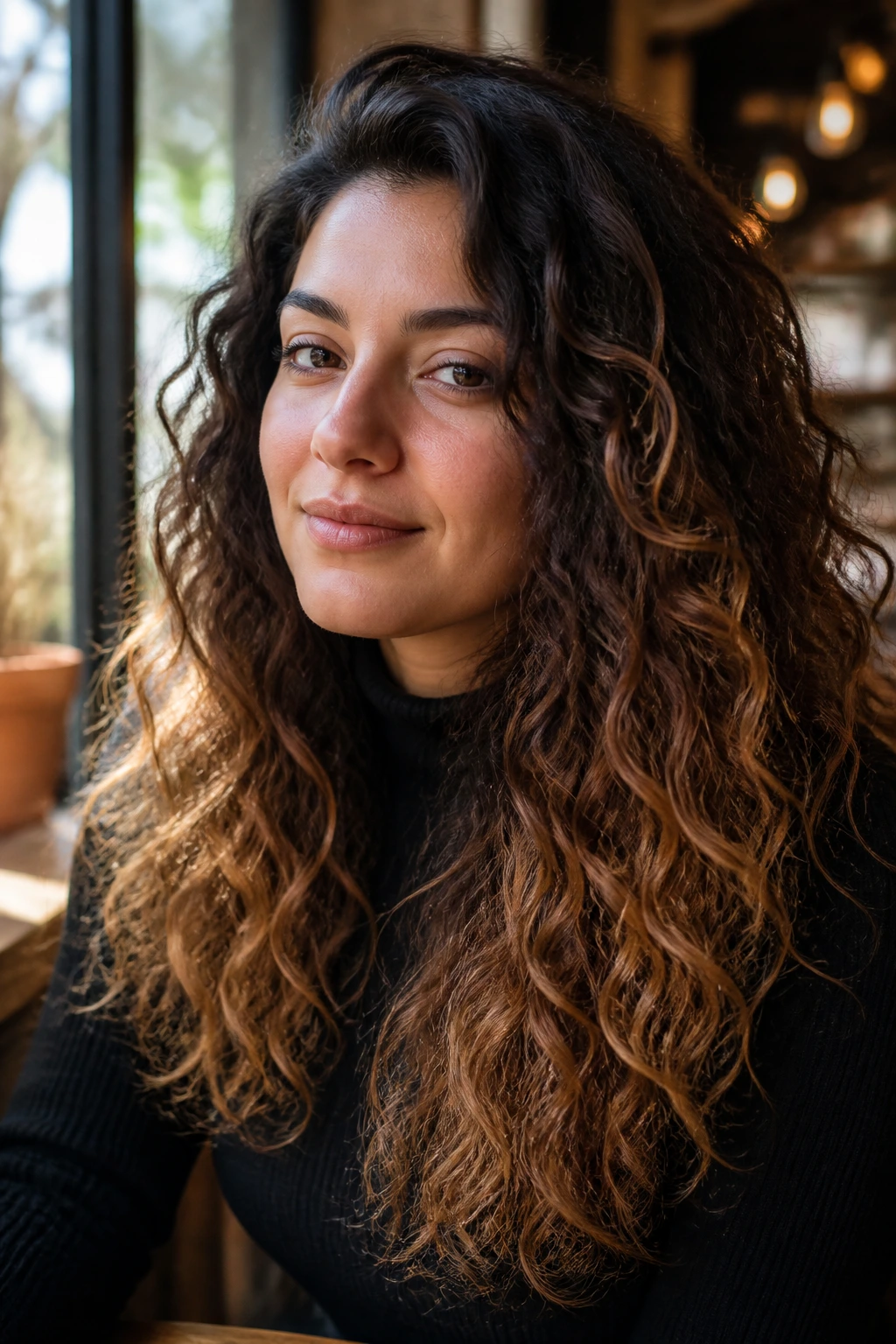 Close-up of brunette ombre on curly hair showing depth and movement.