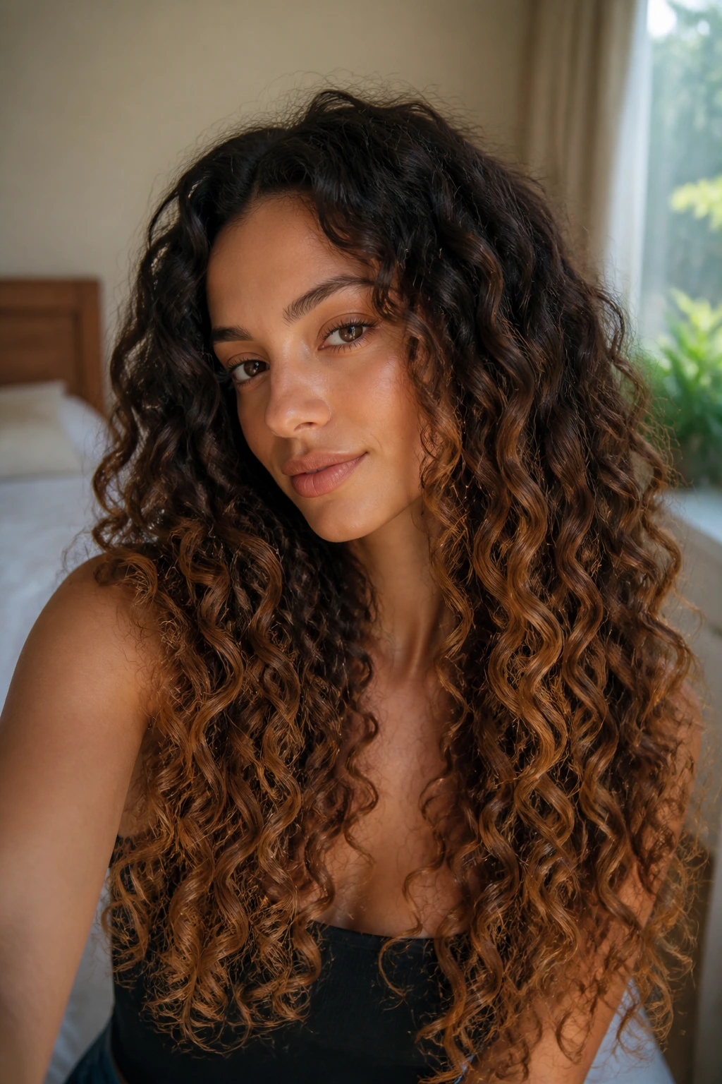 Close-up of brunette ombre on long curls on a real person, highlighting depth and movement.