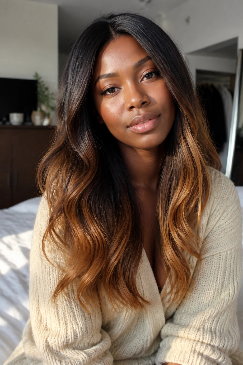 Brunette ombre with maple ends on a real person