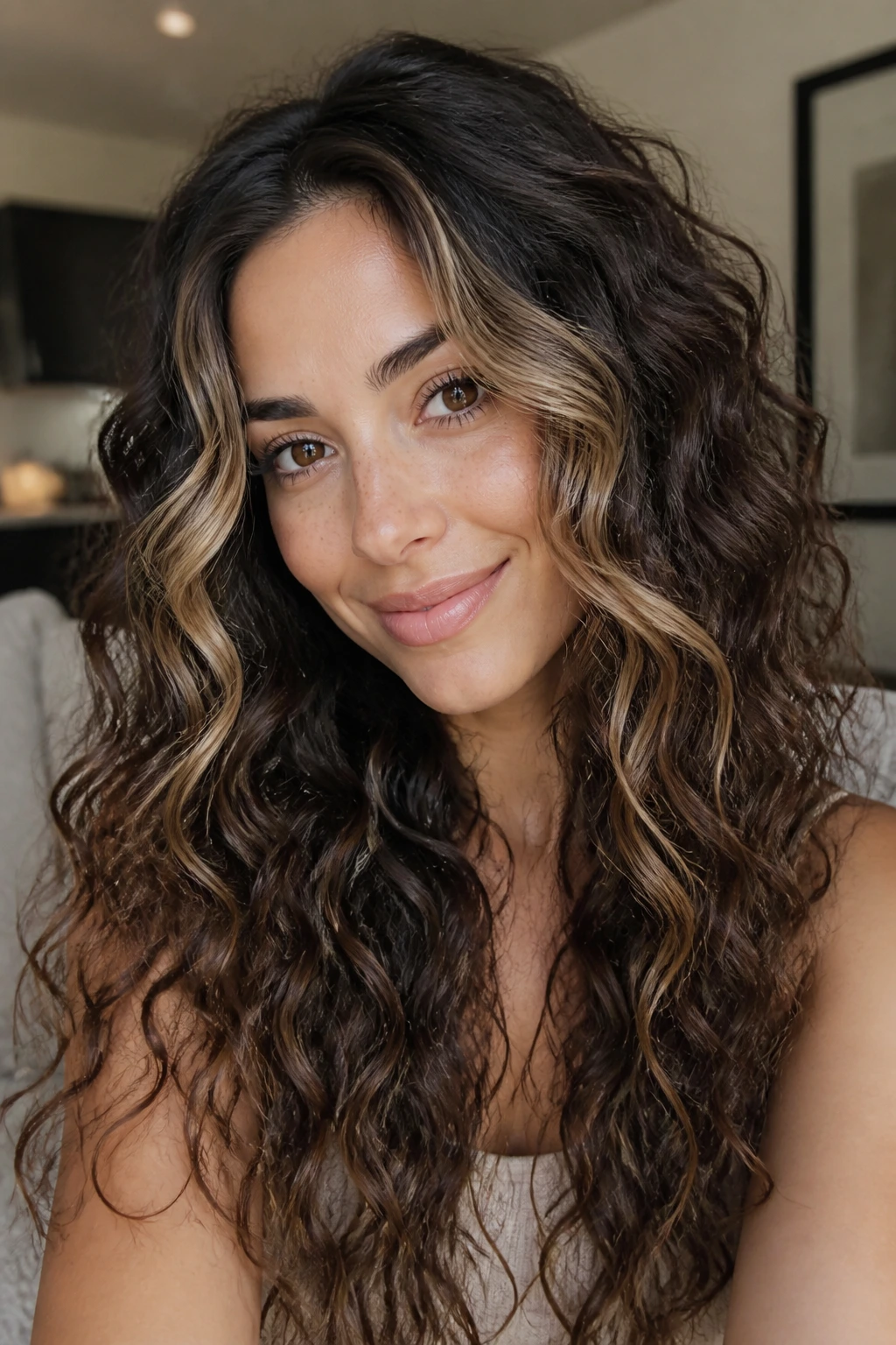 Close-up of a real woman with brunette ombre and money pieces around the face