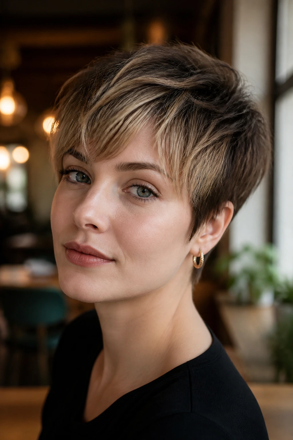 Close-up portrait of a real woman with a smudged brunette pixie and soft blonde fringe