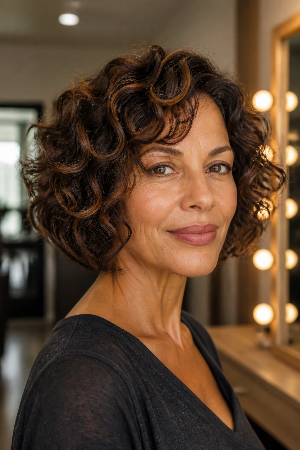 Close-up of a real woman with multidimensional brunette bob in warm lighting