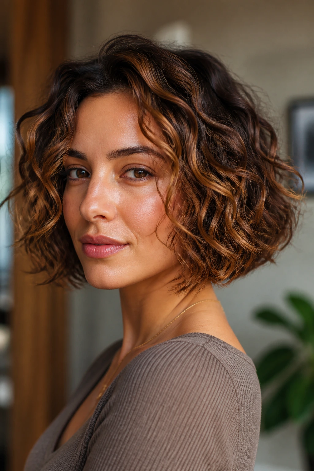 Brunette with chin-length curly bob and warm caramel highlights at the face frame