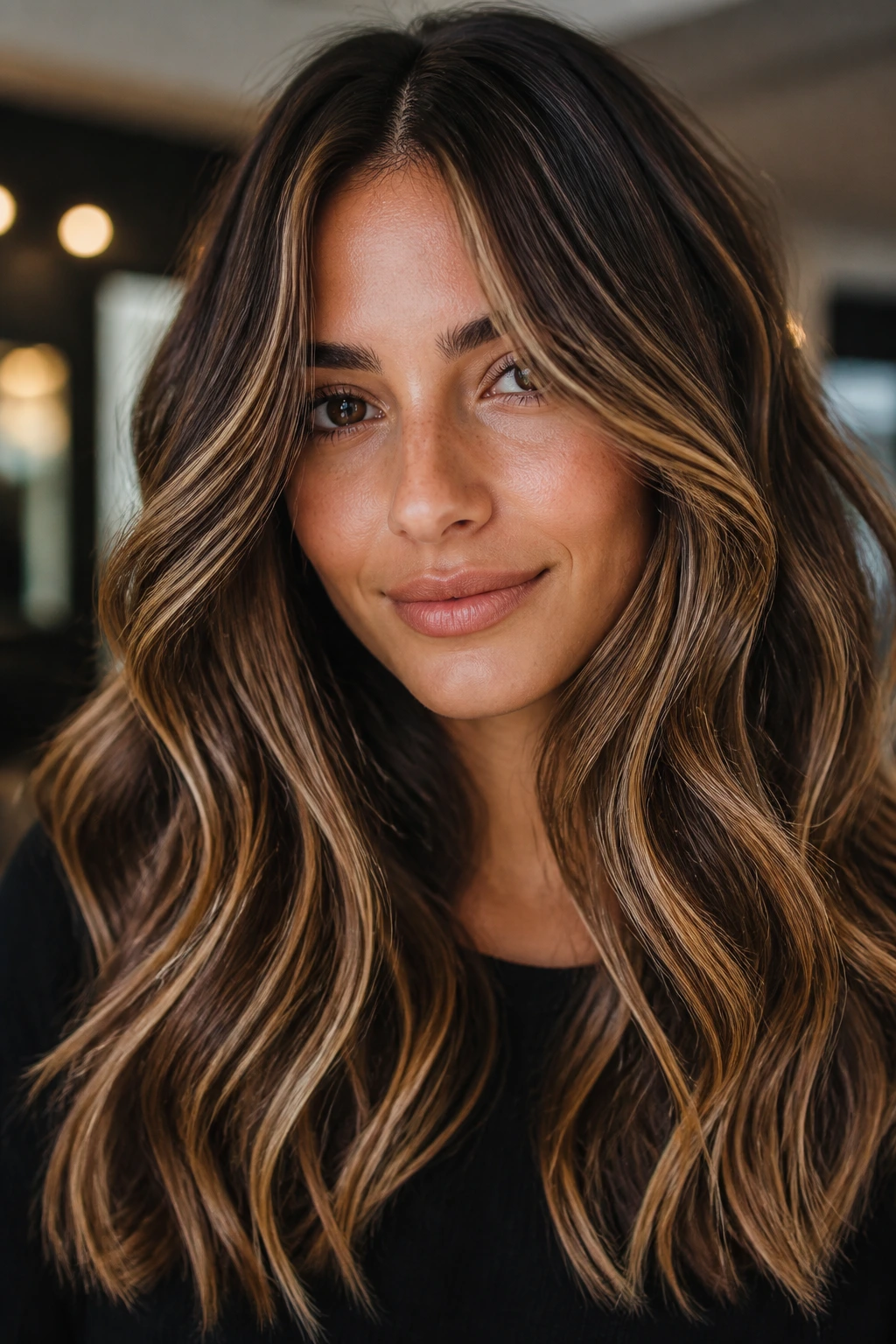 Brunette with beige-gold and honey balayage, hair filling the frame