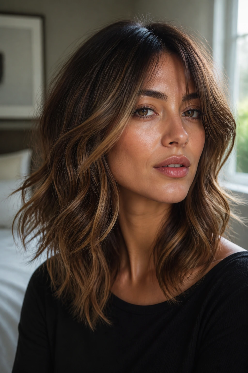 Portrait of a real woman with brunette shag and airy highlights framing her face.
