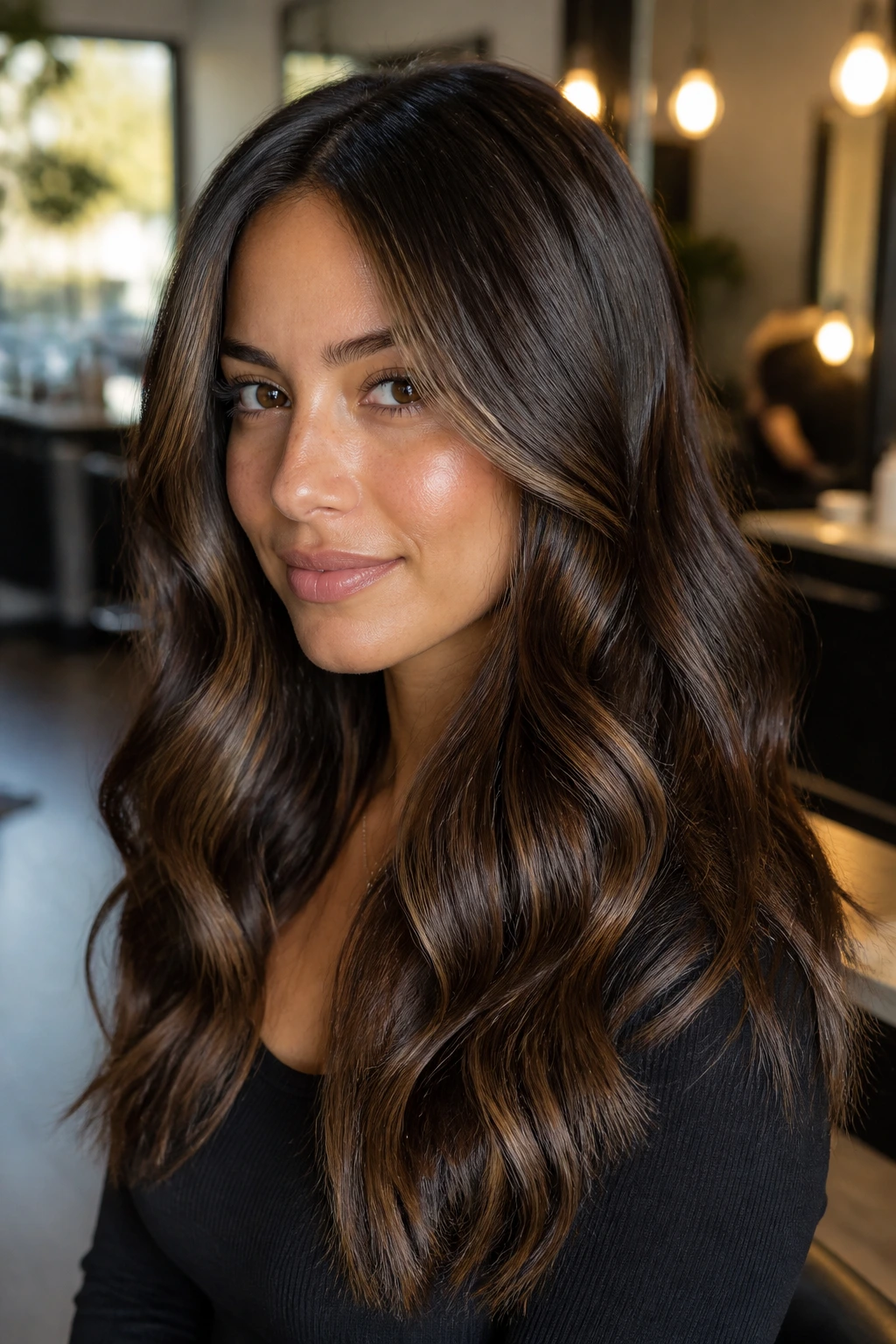 Close-up of brunette hair with high shine and subtle dimension on a real person