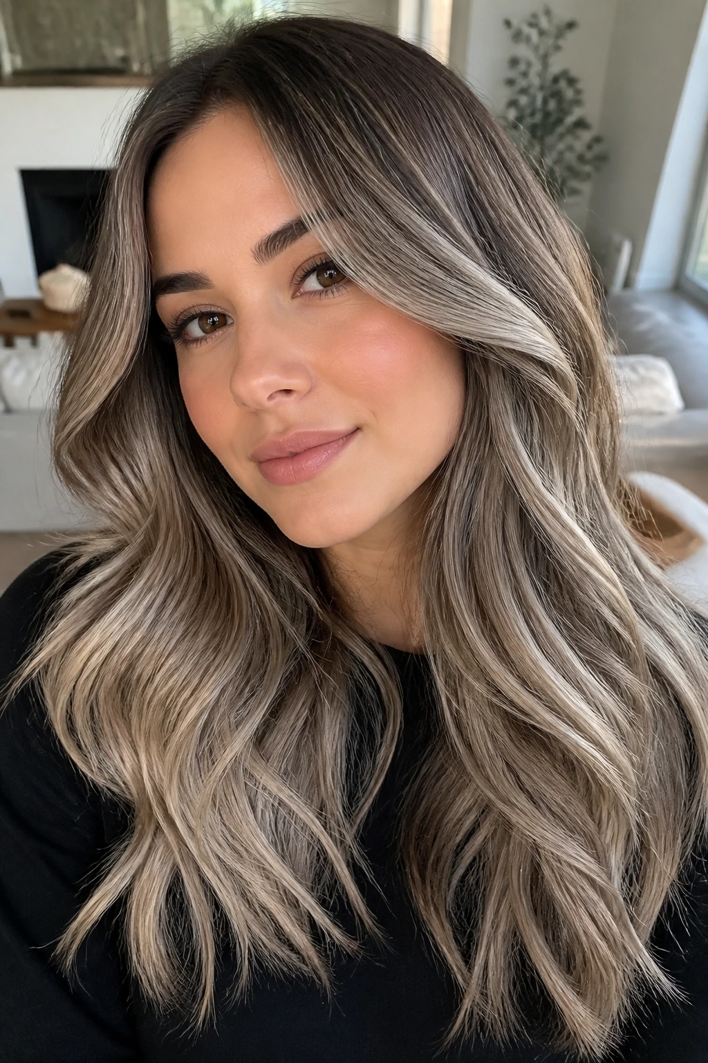 Close-up of a brunette with a controlled silver-blonde shade in a cozy home setting