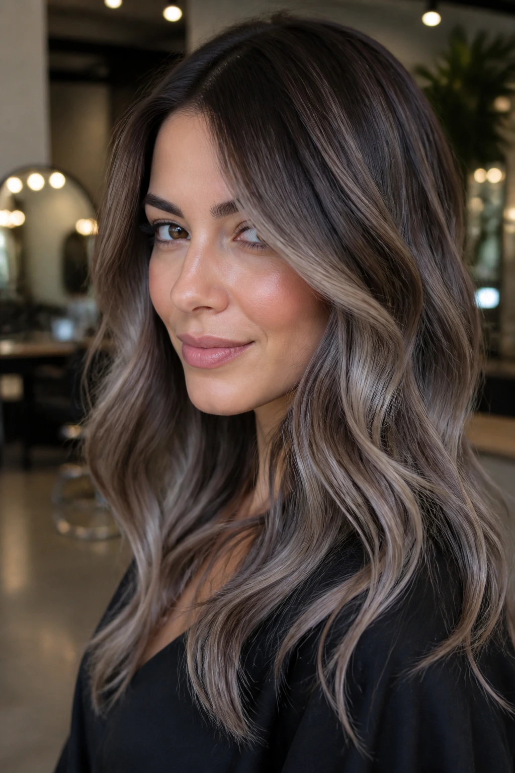 Portrait of a woman with brunette hair featuring a smoky pearl blend under warm salon lighting