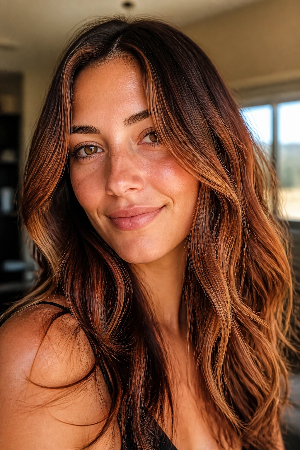 Close-up portrait of brunette hair with strawberry blonde highlights.