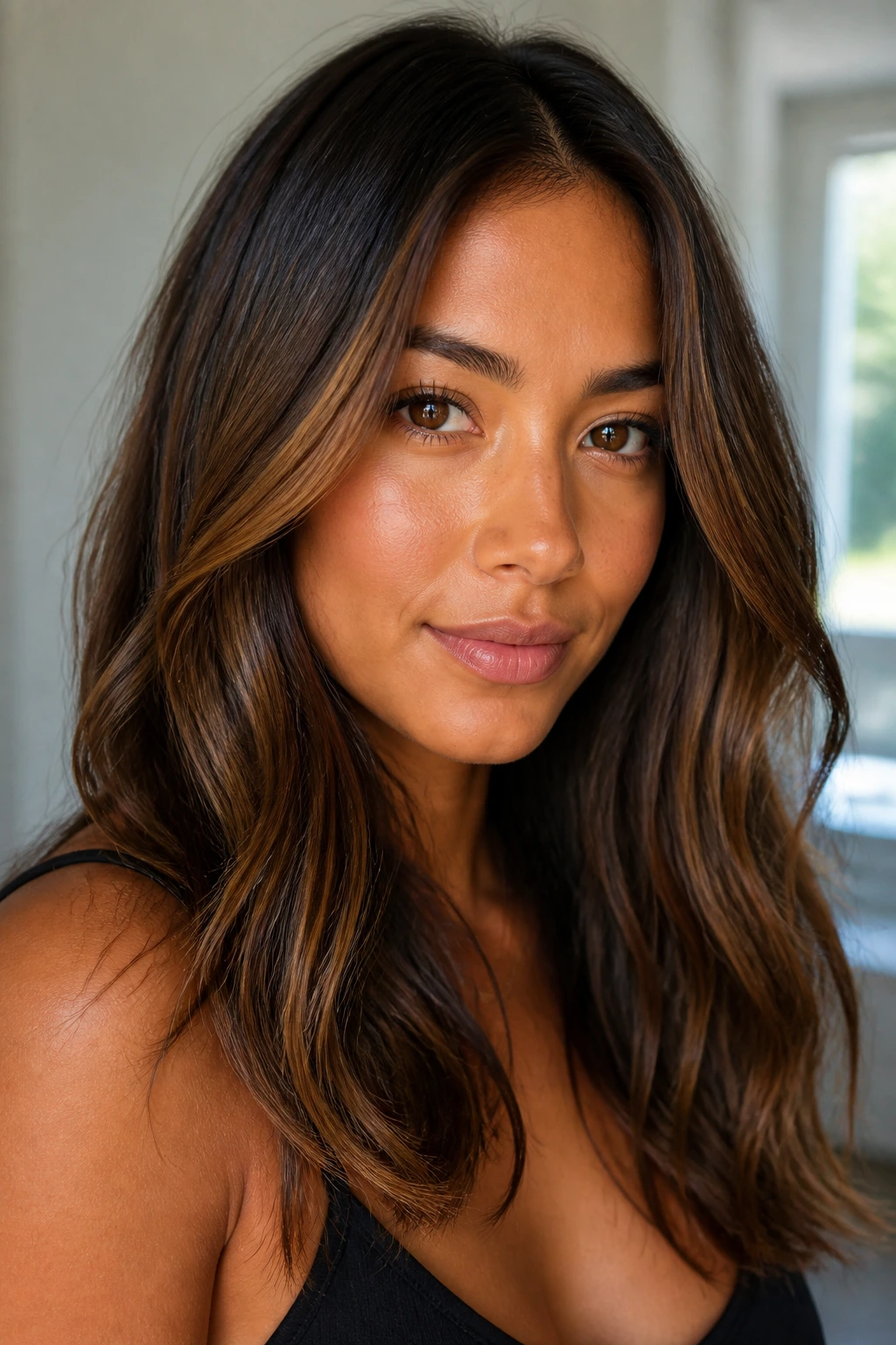 Close-up portrait of brunette hair on tan skin with dimensional color