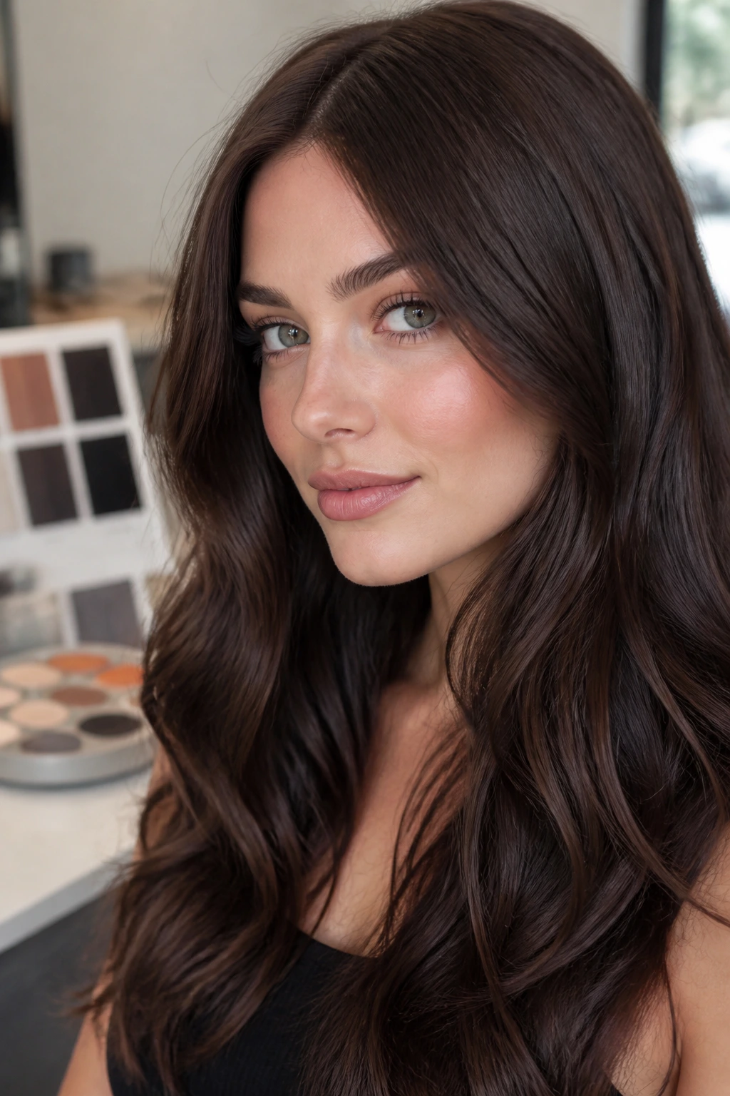 Portrait of a person with cool-brunette hair under daylight near a blurred vanity
