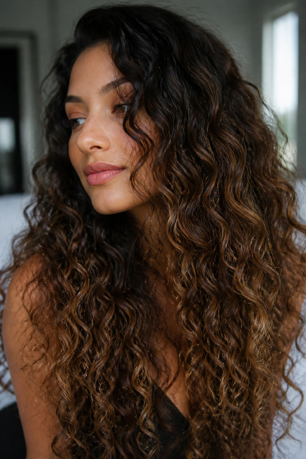 Portrait of curly brunette with warm undertones and cool roots