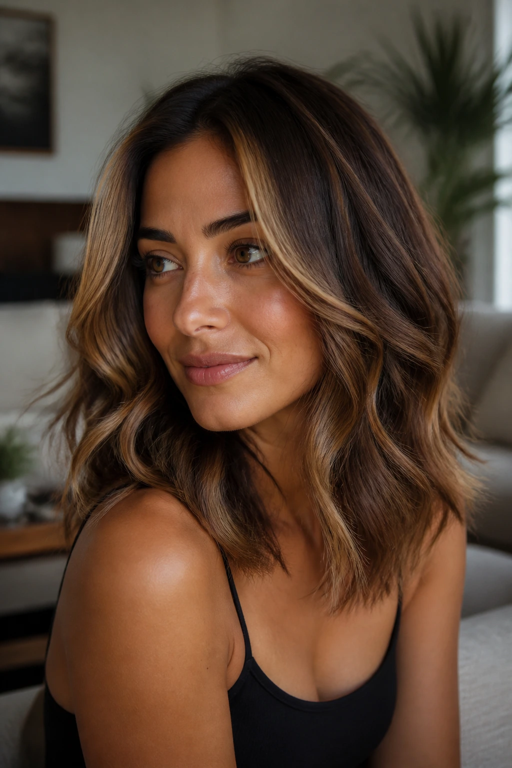 Brunette with warm multi-tonal ribbons around the face