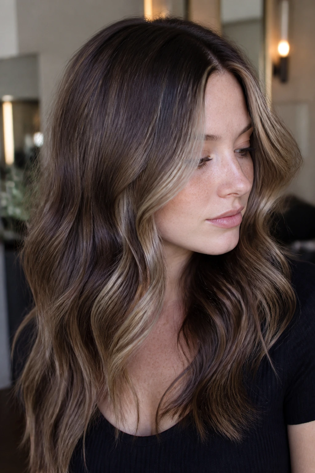 Portrait of a person with multi-tone brunette hair showing variations such as mushroom base with beige ribbons.