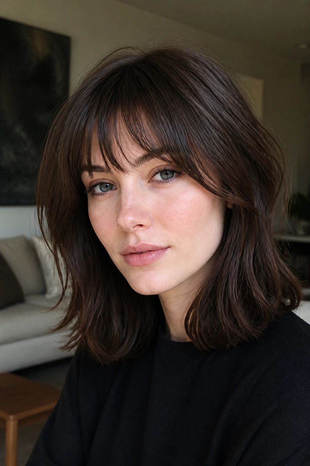 Portrait of a real woman with medium brunette hair showing variation through cool mocha base with subtle chestnut reflections and fringe