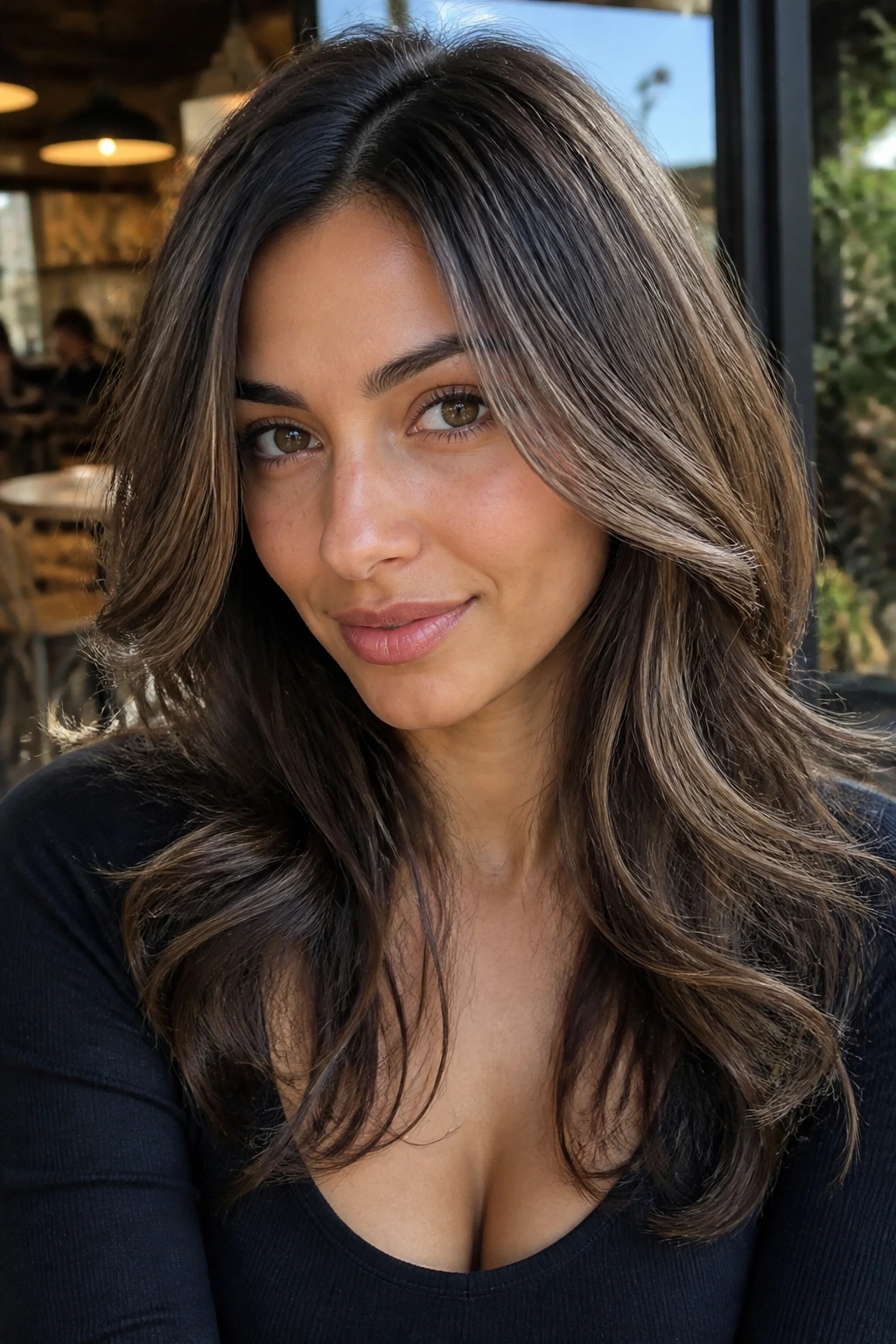 Portrait of brunette with subtle variations and highlights for olive skin.