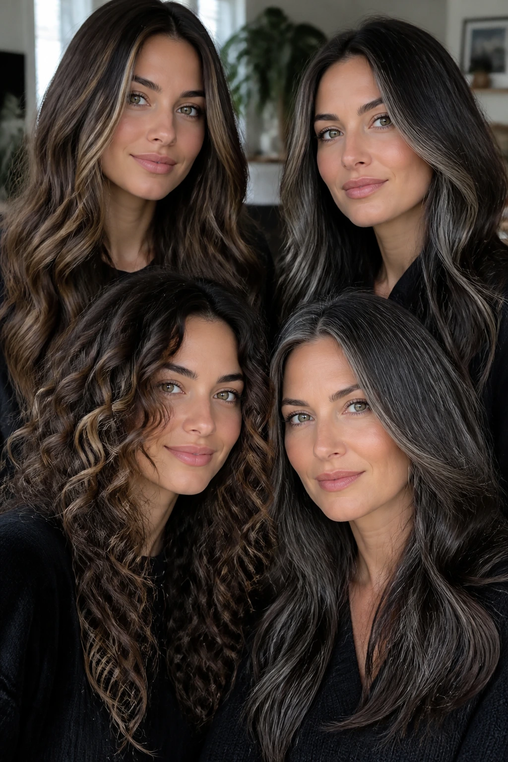 Portrait of a real woman showing variations in cool brunette hair with ribbons and highlights