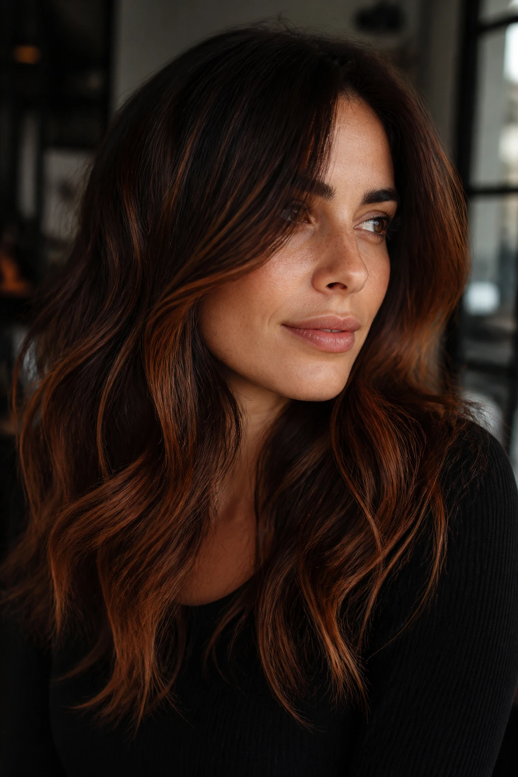 Brunette with warm brown caramel red tones against dark base