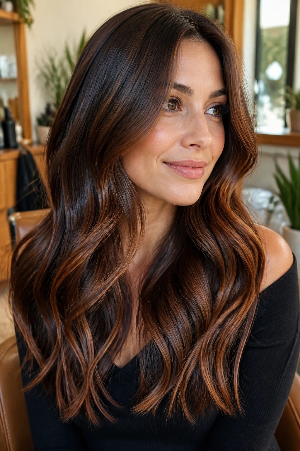 Close-up of a brunette with glossy waves and copper babylights under warm light