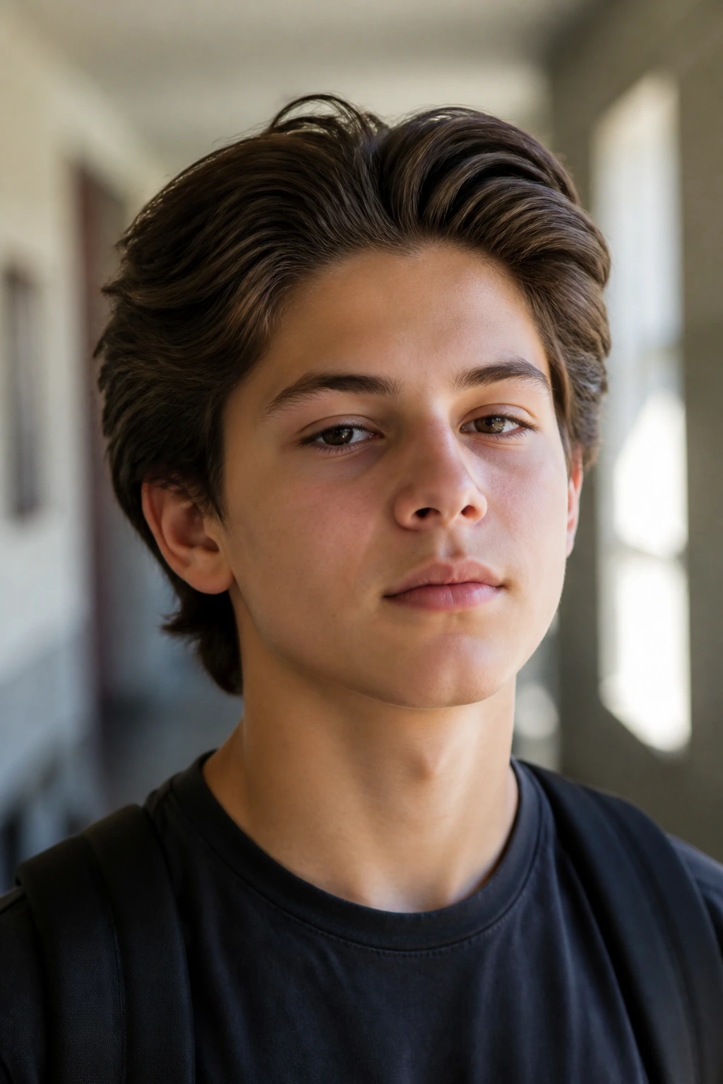 Portrait of a boy with a brush-back hairstyle and soft crown layers in morning light.