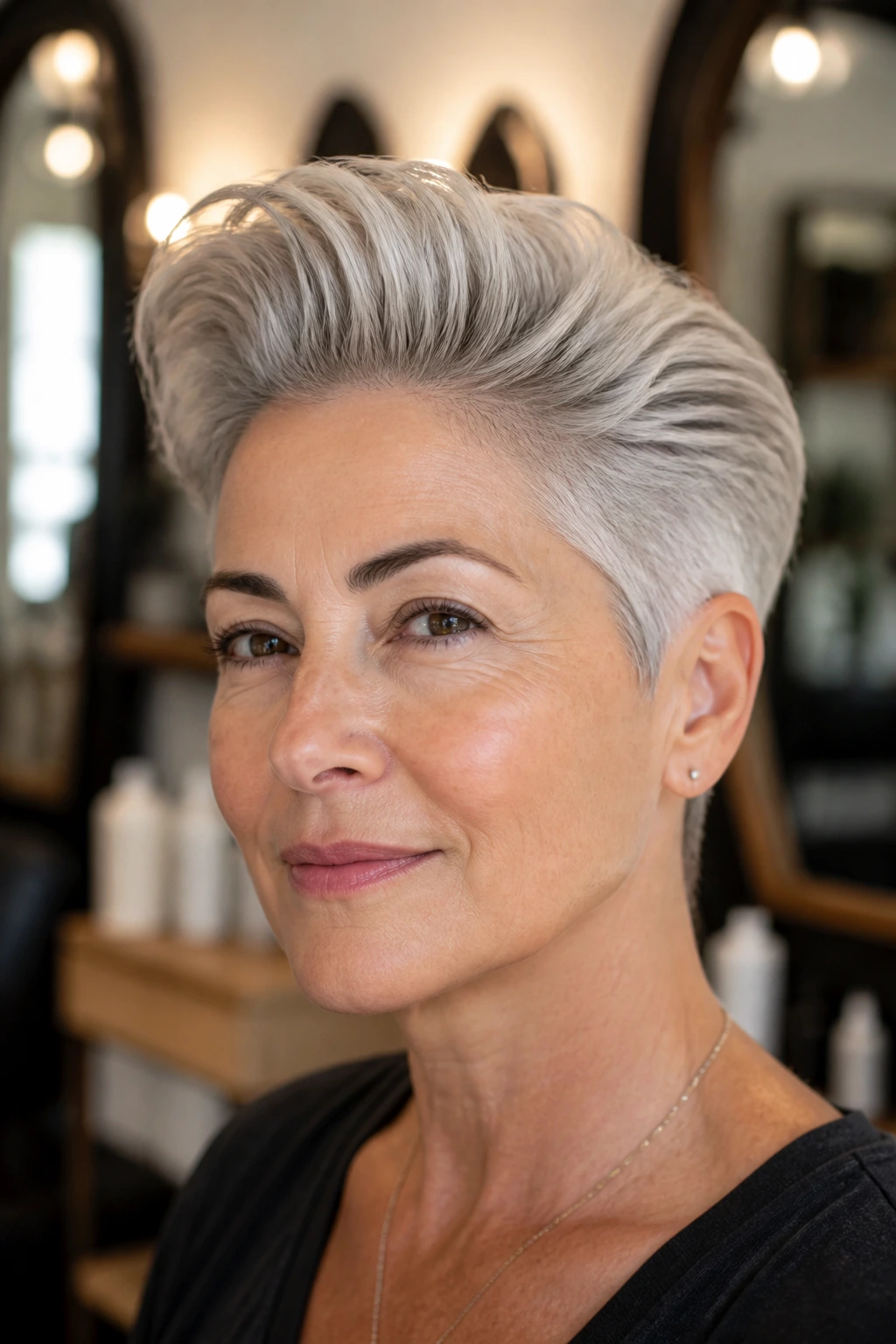 Close-up portrait of a real woman with thick gray brush-back pixie and lifted top.