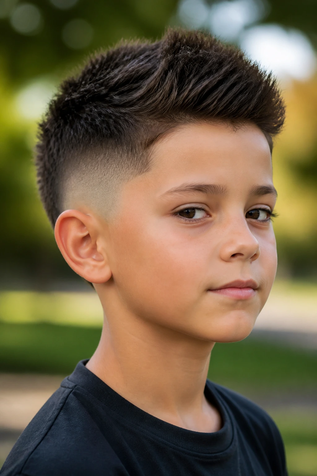 Close-up of boy with brush cut and burst fade in park setting