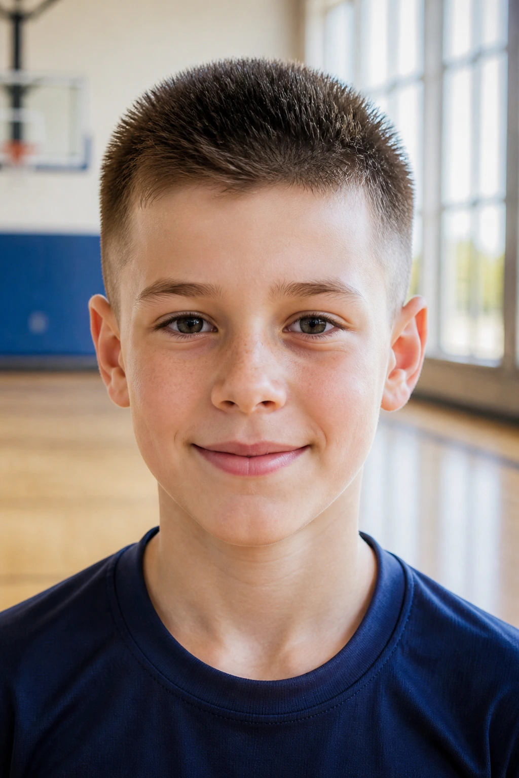 Close-up of a real boy with a brush cut in a school gym.
