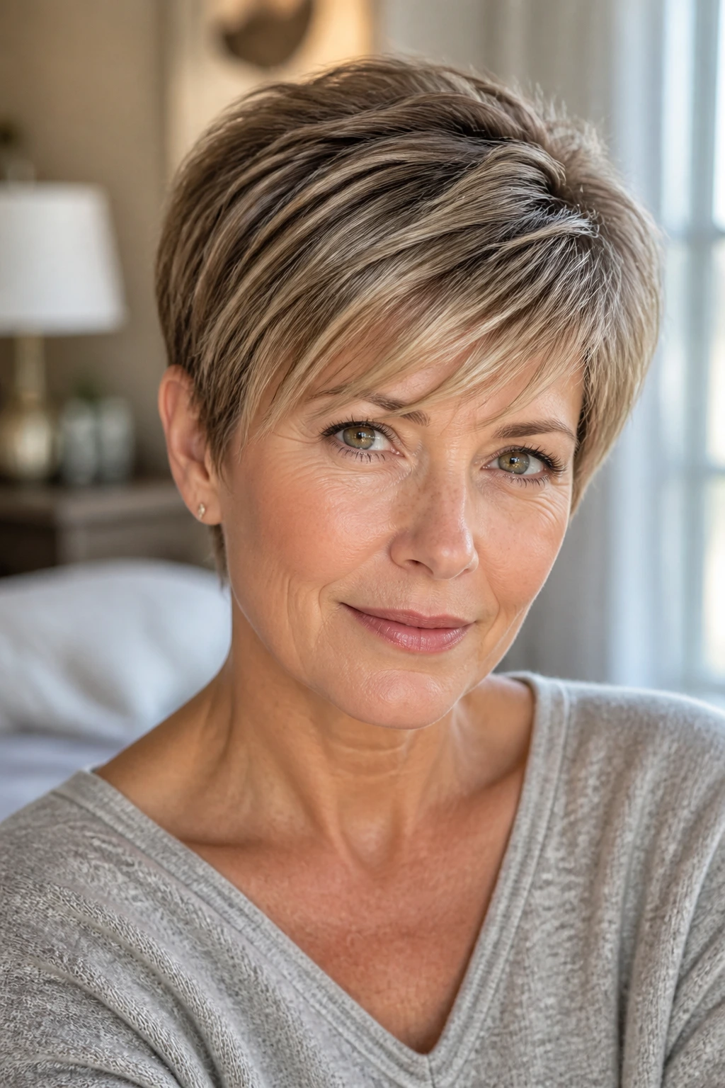 Real woman with brushed-forward fringe pixie in bright window light