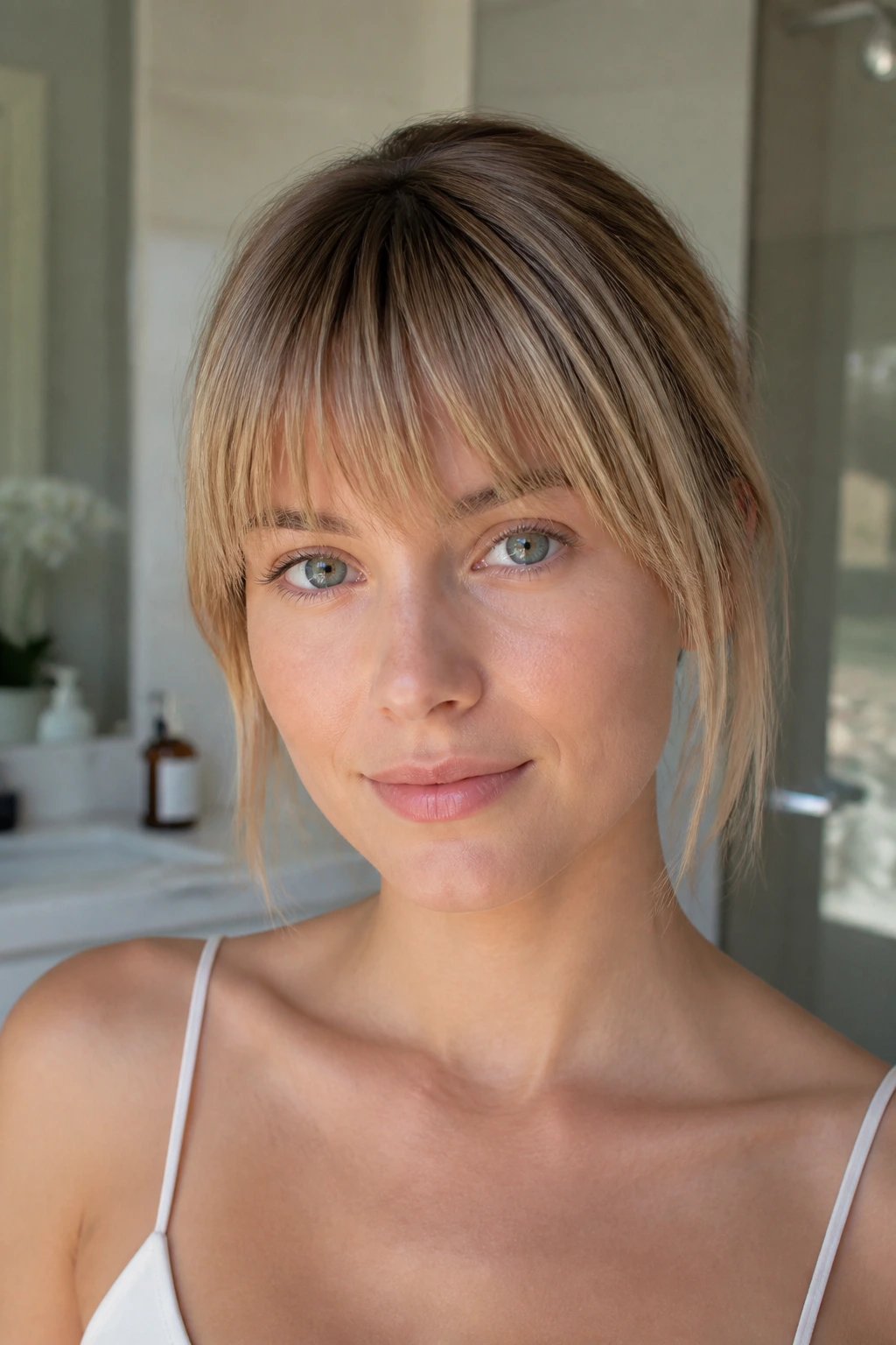 Portrait of a woman with a brush-forward fringe framing her eyes
