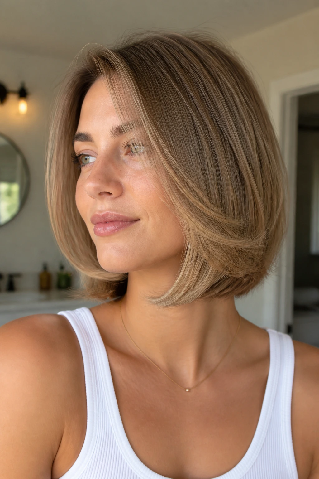 Close-up of real woman with a round-brush blowout making hair appear longer