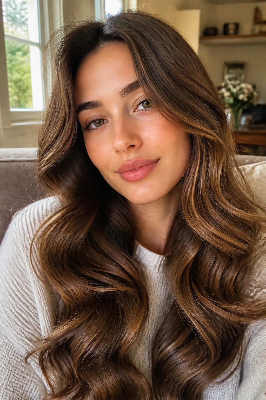 Close-up of a real woman with brushed-out waves in a cozy living room