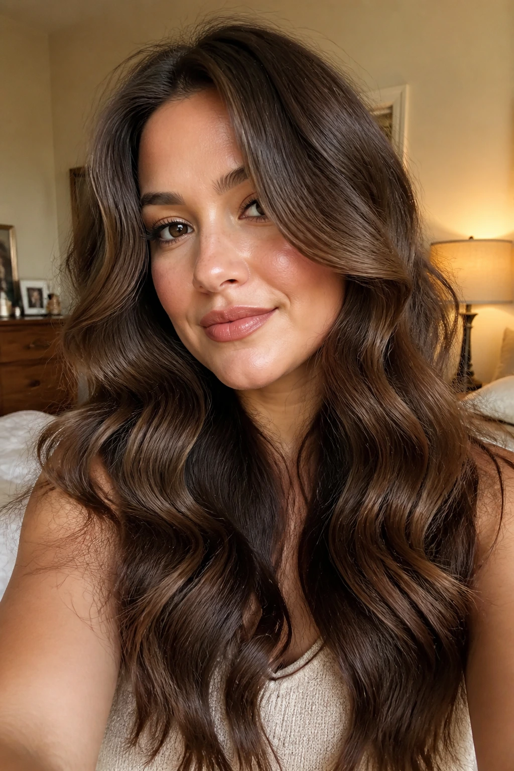 Close-up of real person with brush-out waves in thick hair under warm window light.