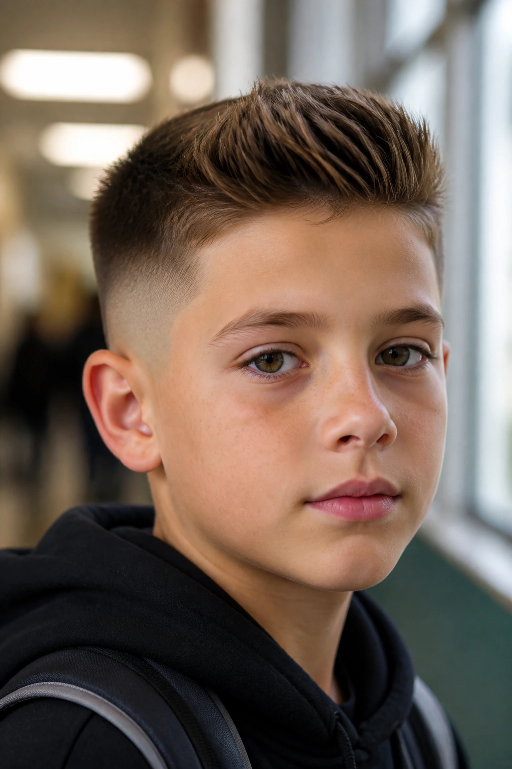 Boy with brush-up fade hairstyle in a school corridor close-up.