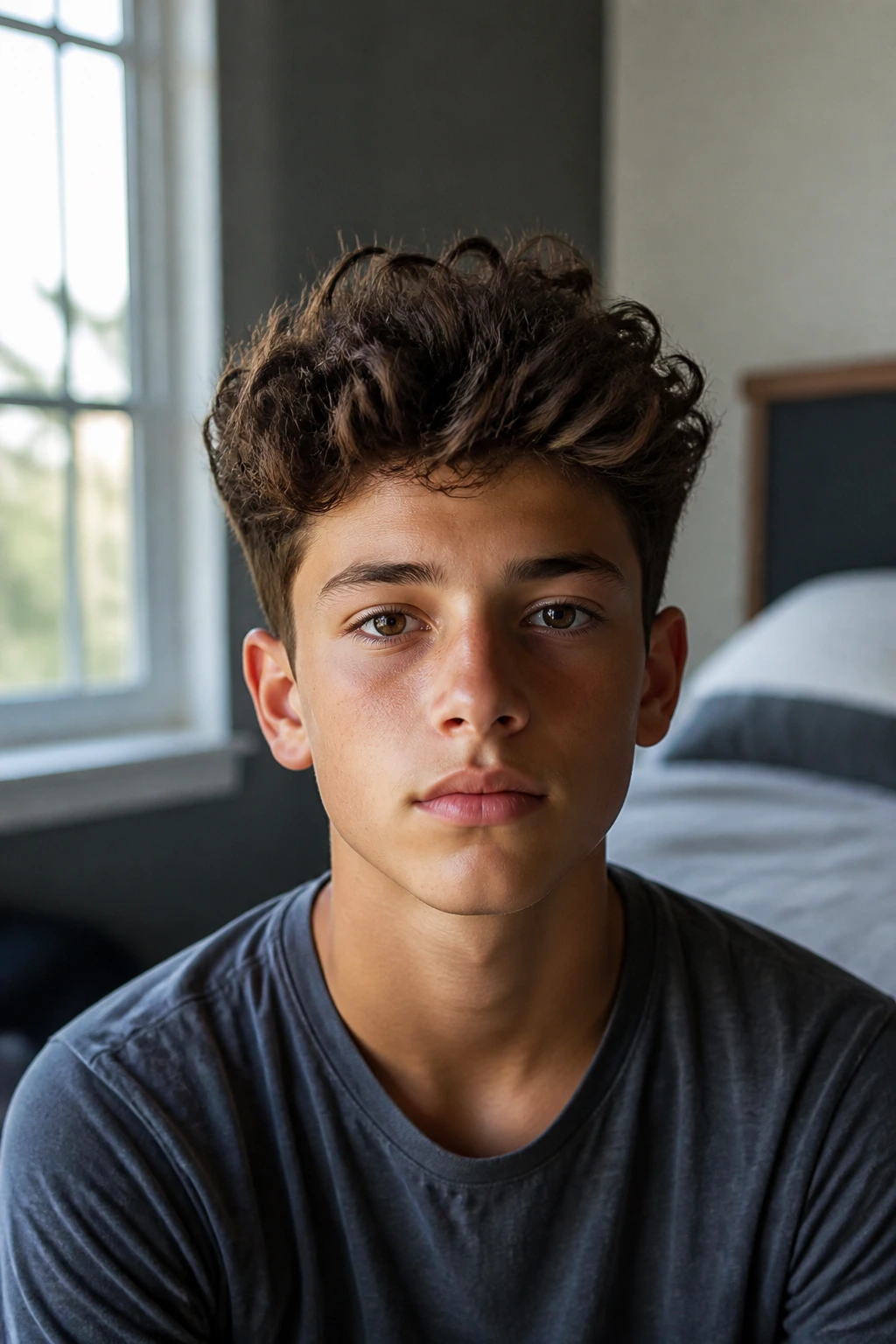 Front view of a real boy with a defined brush-up front hairstyle