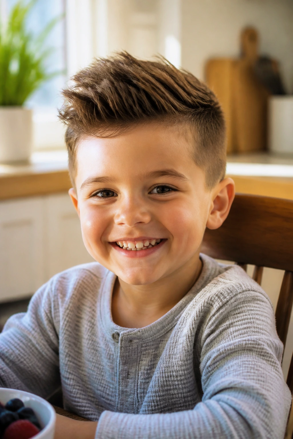 Close-up of boy with brush-up hairstyle